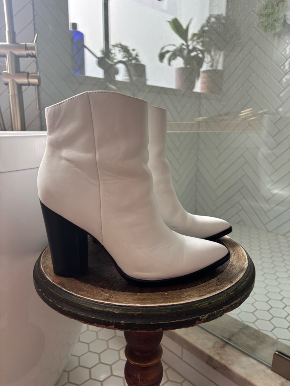 Halogen White Leather Ankle Boots with Black Block Heel